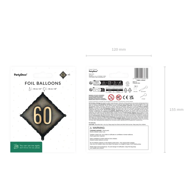 Černý fóliový balónek 60 se zlatým nápisem, 46×46 cm